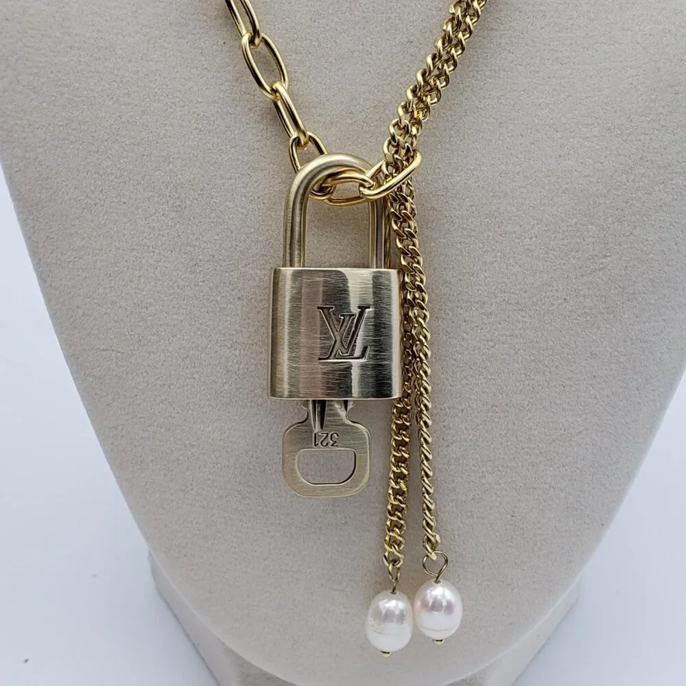 Stainless Steel Gold-Plated Necklace with Authentic Louis Vuitton Padlock